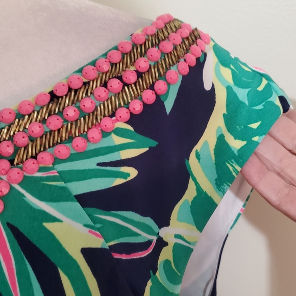 Lilly Pulitzer Bristol navy green Tiger Palm beaded sleeveless sheath dress XL - Picture 8 of 13